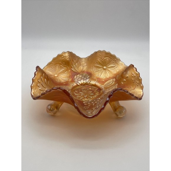 Fenton Other - Fenton Marigold Carnival Glass Water Lily Lotus Poinsettia 3 Footed Bowl